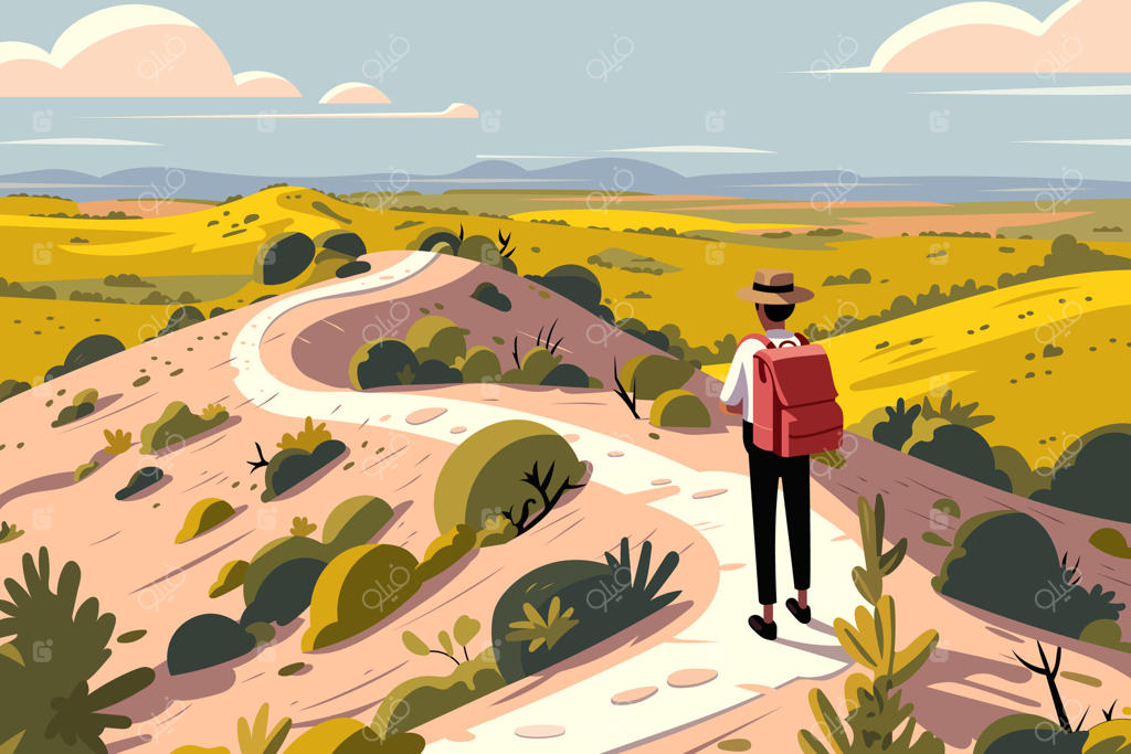 مسافر کوله‌به‌دوش در حال پیاده‌روی در مسیری پرپیچ‌وشم میان تپه‌های زیبا؛ تصویرسازی کارتونی رنگارنگ با موضوع ماجراجویی، کوه‌پیمایی، طبیعت‌گردی و سفر تابستانی