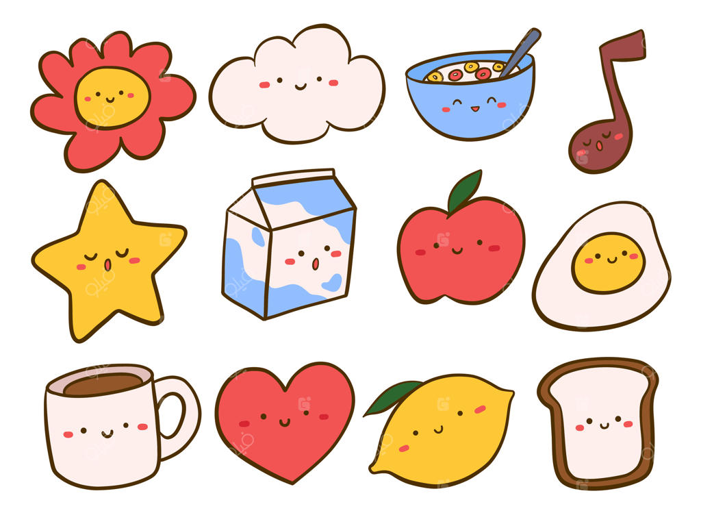 مجموعه ایکون های کاراکتر کیووی دوست‌داشتنی: مجموعه شاد و جذاب شامل ۱۲ آیکون کیووی از غذاهای خندان، نت‌های موسیقی، ابرها، قلب‌ها و موارد دیگر با صورت‌های بامزه. مناسب برای استیکرها و تم‌های کودکان.