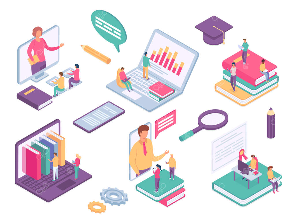 آموزش آنلاین ایزومتریک: کلاس مجازی با دانش‌آموزان، کتاب‌ها و معلم روی صفحه موبایل. یادگیری از راه دور در خانه با مجموعه وکتور سه‌بعدی. آموزش آنلاین با استفاده از گوشی هوشمند و لپ‌تاپ