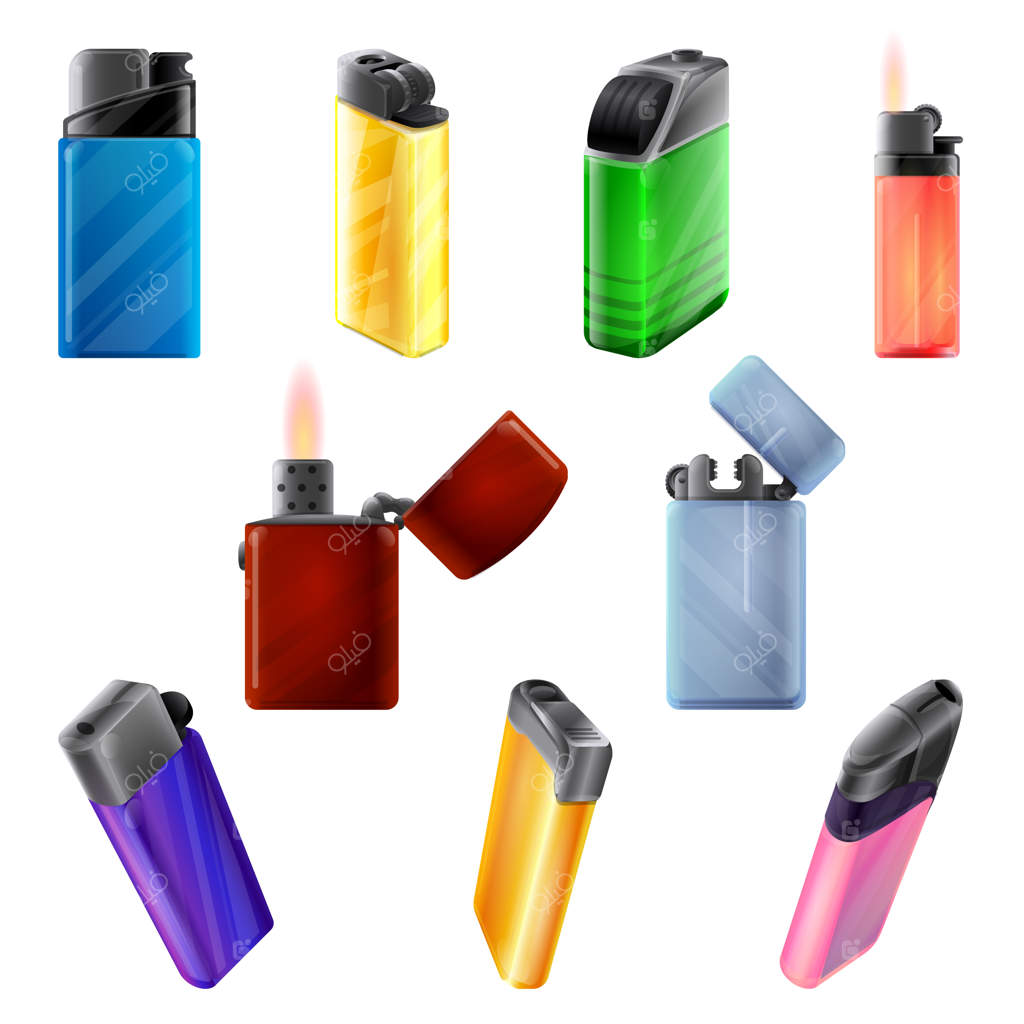 مجموعه آیکون فندک سیگار به سبک کارتونی. دود کردن سیگار. فندک زیپو