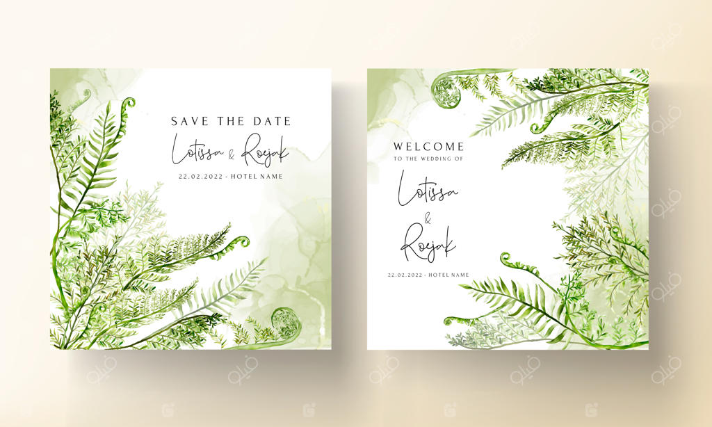 کارت دعوت عروسی با طرح زیبای برگ‌های سرخس آبرنگی