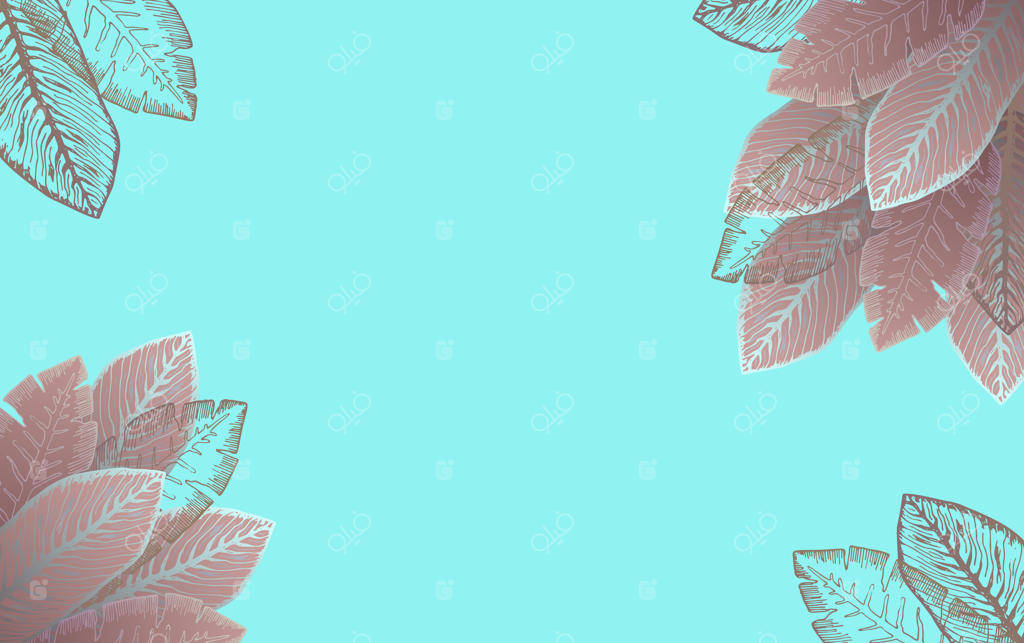 پس‌زمینه‌ افقی آبی روشن با برگ‌های استوایی قهوه‌ای تیره و صورتی