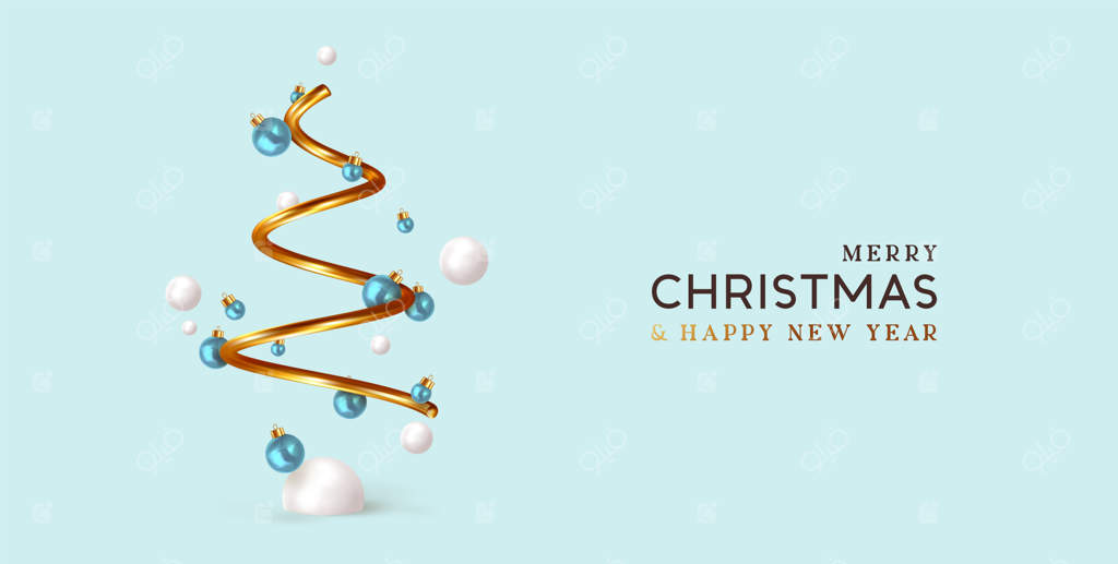 طراحی مینیمال کریسمس: درخت مارپیچ مخروطی طلایی، با توپ‌های تزئینی واقعی. اشیاء سه‌بعدی دکوراتیو کریسمس. پس‌زمینه کریسمس و سال نو. تصویر برداری وکتور