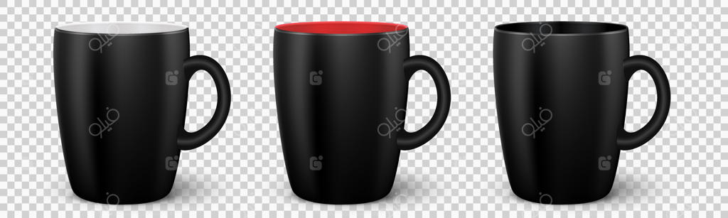 مجموعه‌ای از لیوان‌های سه‌بعدی مشکی واقعی برای چای یا قهوه با دسته