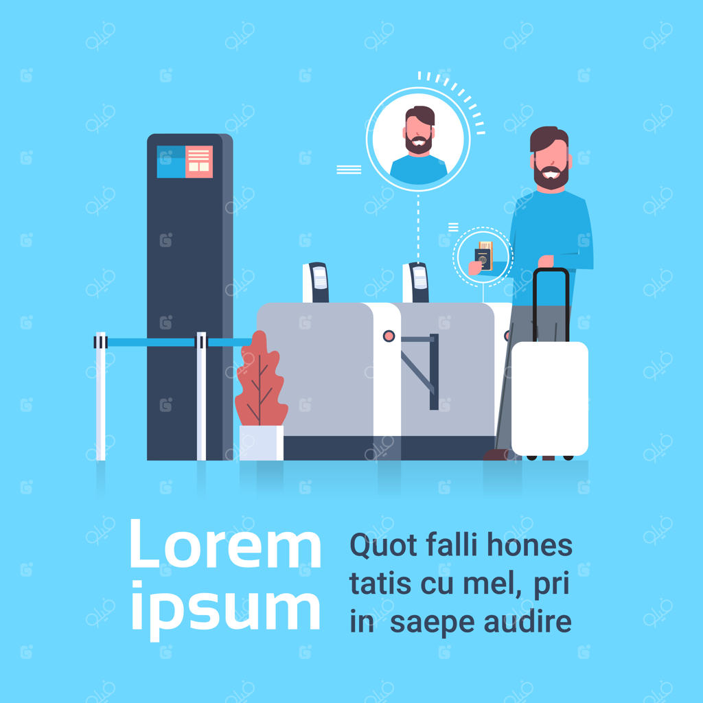 مردی با چمدان در حال بررسی ورود در فرودگاه و عبور از دستگاه امنیتی برای ثبت‌نام