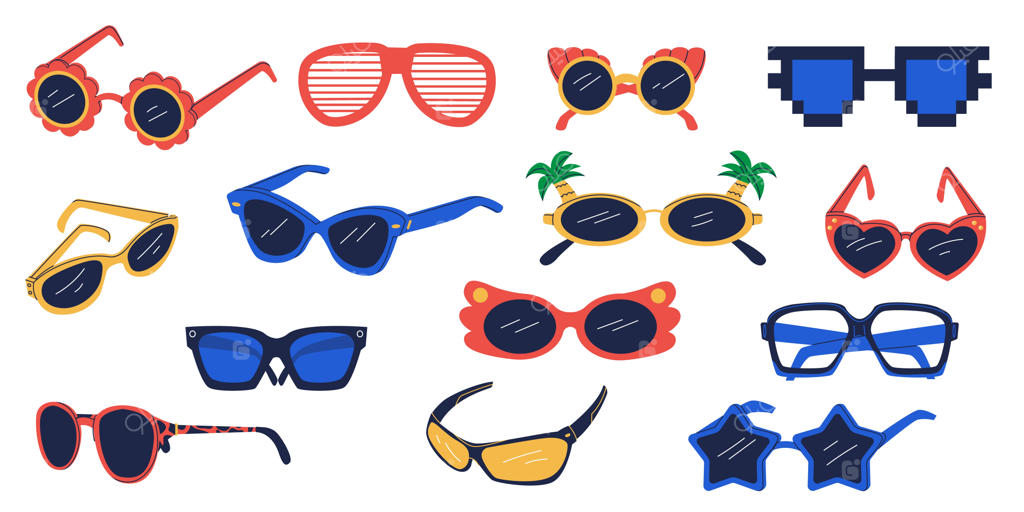 عینک‌های فانتزی و خنده‌دار با سبک هیپی و سایکدلیک retro، مجموعه‌ای از طراحی‌های کارتونی و هندسی با انواع فریم‌ها و اشکال مختلف