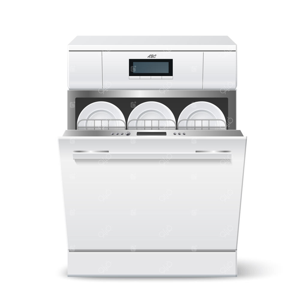 ماشین ظرفشویی مدرن با صفحه نمایش دیجیتال و بشقاب‌های تمیز در آشپزخانه واقعی. اپلیکانس خانگی مدرن در طراحی داخلی آشپزخانه.