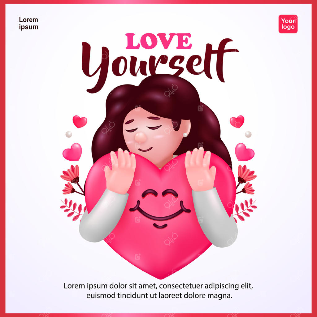 زن جوان زیبا با شادی و مثبت‌اندیشی، بالشی به شکل قلب را در آغوش گرفته است. عشق به خود و مراقبت از خود. وکتور سه‌بعدی، مناسب برای رویدادها.