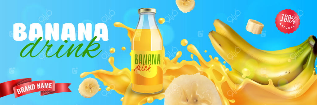 نوار افقی نوشیدنی طبیعی موز با قطرات میوه تازه و روبان قرمز برای نام برند