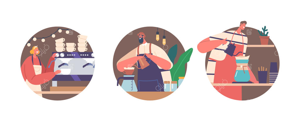 آیکون‌ها یا آواتارهای دایره‌ای از باریستاهای مرد و زن در حال تهیه قهوه - شخصیت‌های دوستانه با پیشبند در کافه مشغول به کار