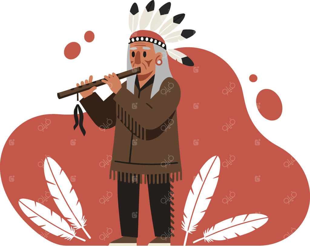 تصویرسازی مرد بومی آمریکا با لباس سنتی و سربند پر در حال نواختن فلوت