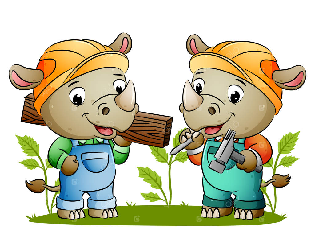 دو کرگدن بانمک سازنده ابزار ساختمانی و یک تخته چوبی حاوی تصویر را در دست دارند.