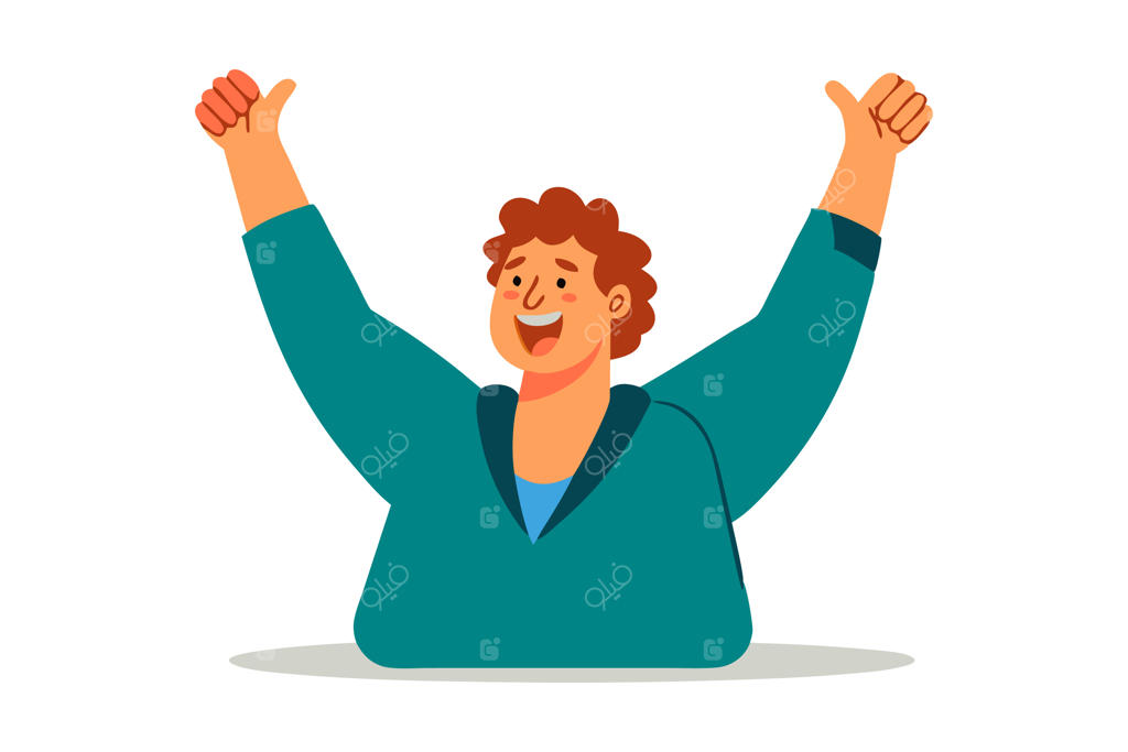 تصویرسازی فرد خوشحال و خندان با دست‌های افراشته از هیجان در حال جشن گرفتن موفقیت، ایزوله در پس‌زمینه روشن