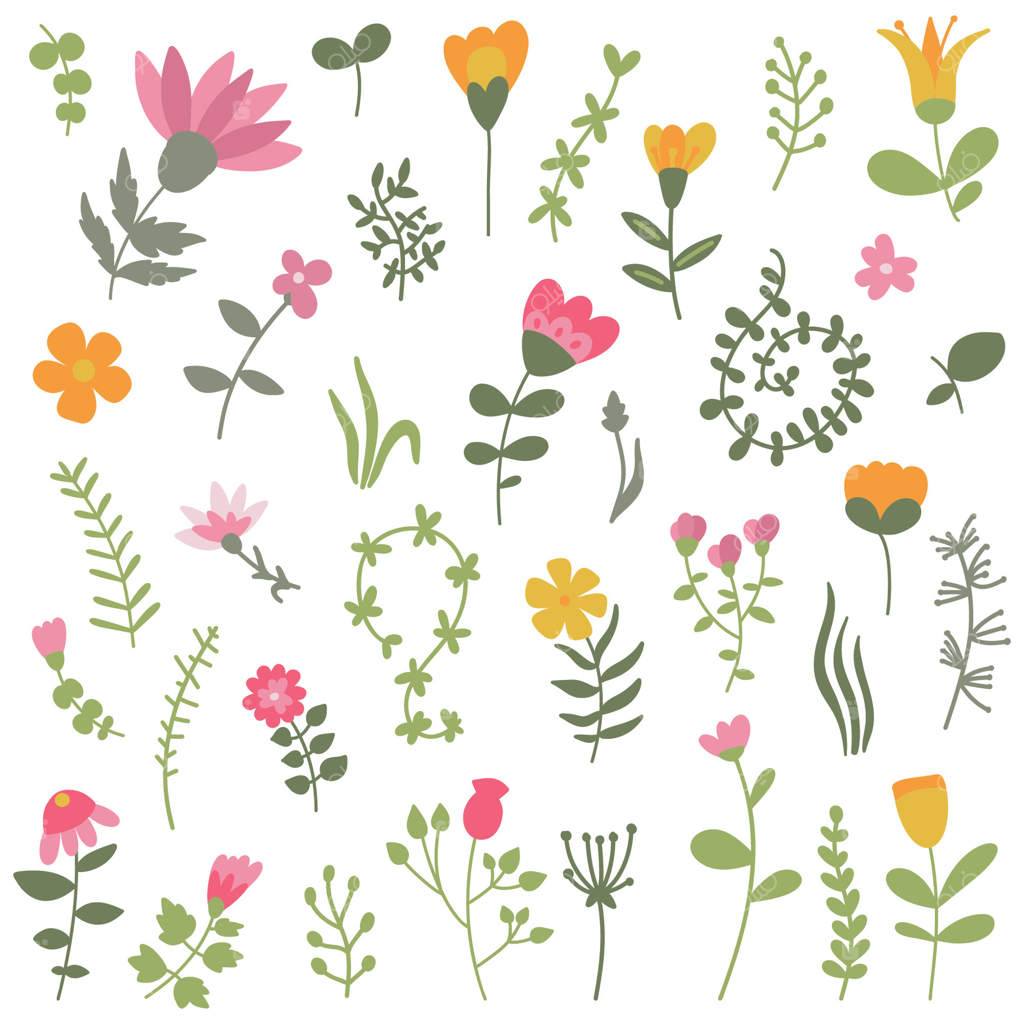 مجموعه‌ای از عناصر زیبا و بهاری: گل‌های دست‌کشیده، دکوراسیون گل‌دار، باغ پرشکوفه، برگ‌ها و گیاهان.