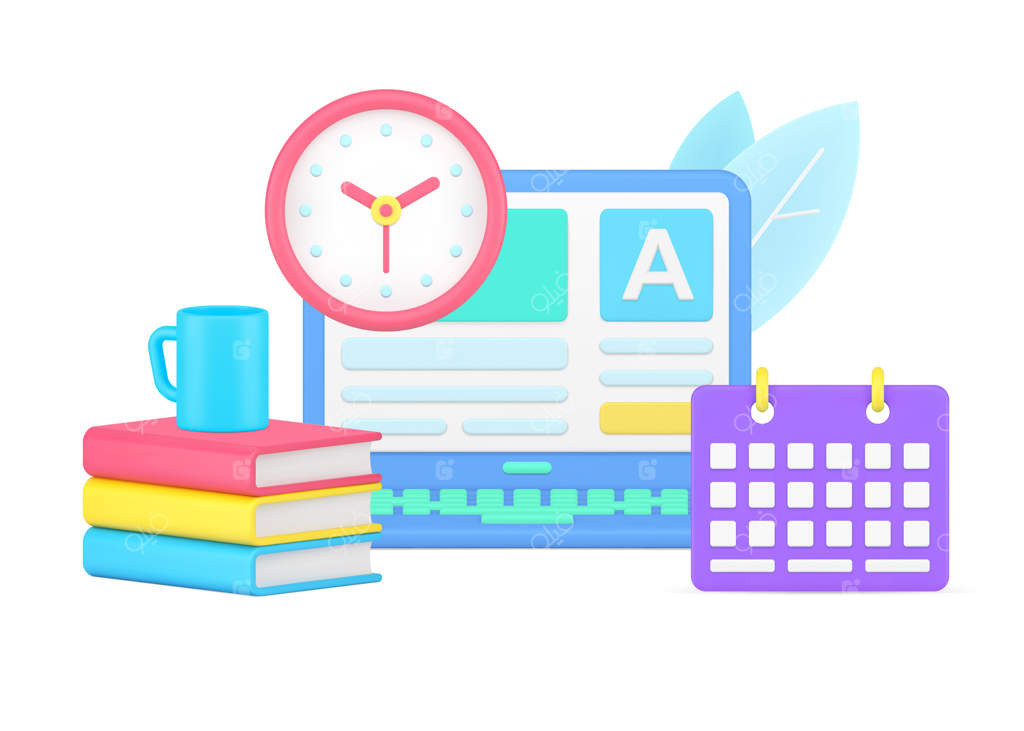 رابط کاربری لپ‌تاپ برای امتحان آنلاین با ساعت دیواری و آیکون برنامه‌ریزی سه‌بعدی ایزومتریک وکتور