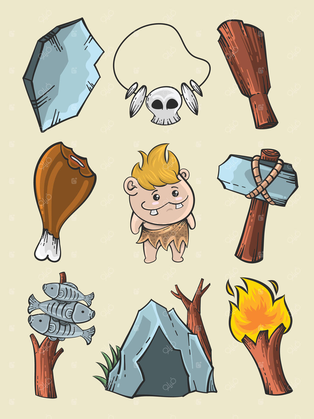 مجموعه‌ای از کارتون‌های بامزه دوران سنگی به صورت دست‌کشیده