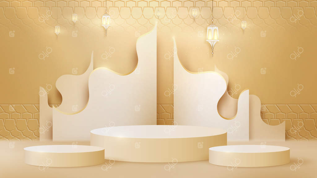 صحنه پس‌زمینه لوکس و انتزاعی: لامپ و خطوط منحنی طلایی همراه با سکوی استوانه‌ای برای نمایش محصول. مفهوم سال نو اسلامی. سبک برش کاغذ واقعی. بردار تصویرسازی برای طراحی.