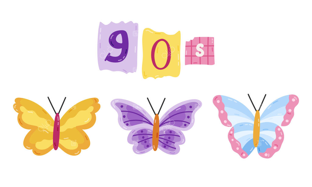 مجموعه کارتونی زیبا از پروانه‌ها به عنوان نماد محبوب دوران Y2K، دهه 90 و 00. حشرات پرنده گرمسیری و باغی. پروانه ساده و دست‌کشیده. نوستالژی زیبایی‌شناسی دهه 1990.