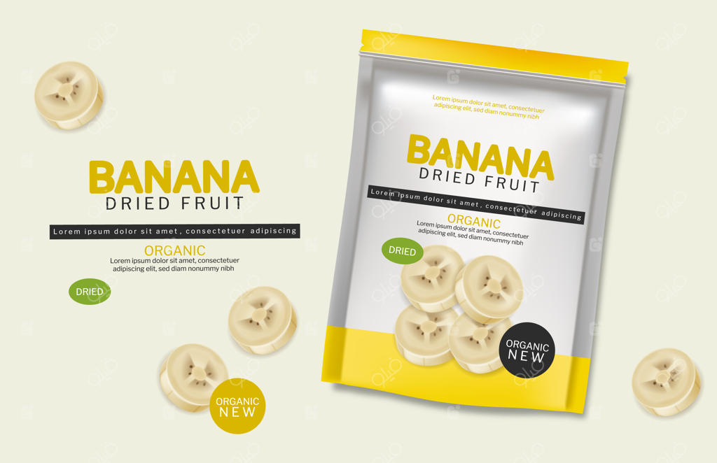 پوستر تبلیغاتی میوه‌های خشک ارگانیک موز، وکتور واقع‌گرایانه