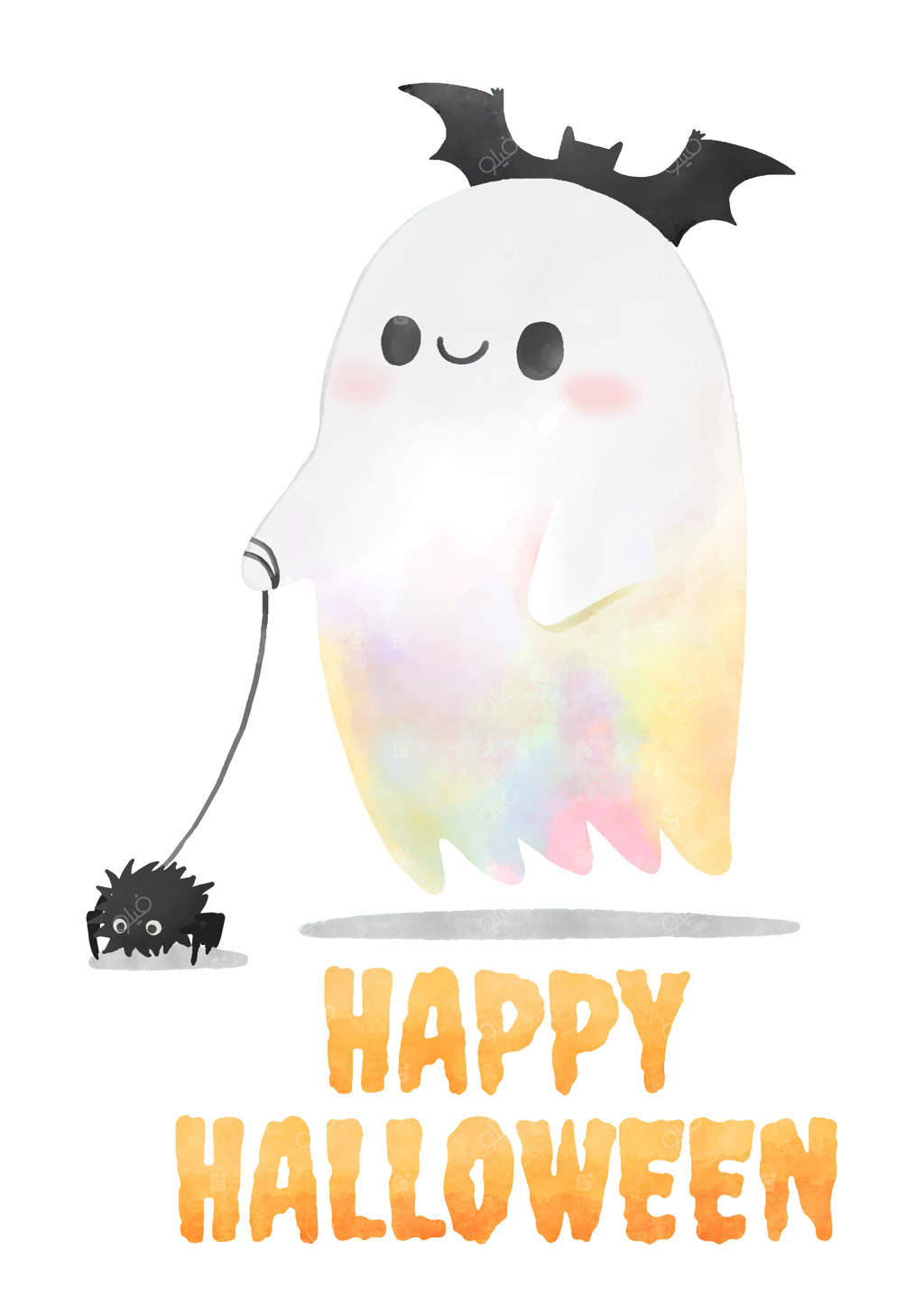 هالووین، روح آبرنگی در حال گردش با عنکبوت.