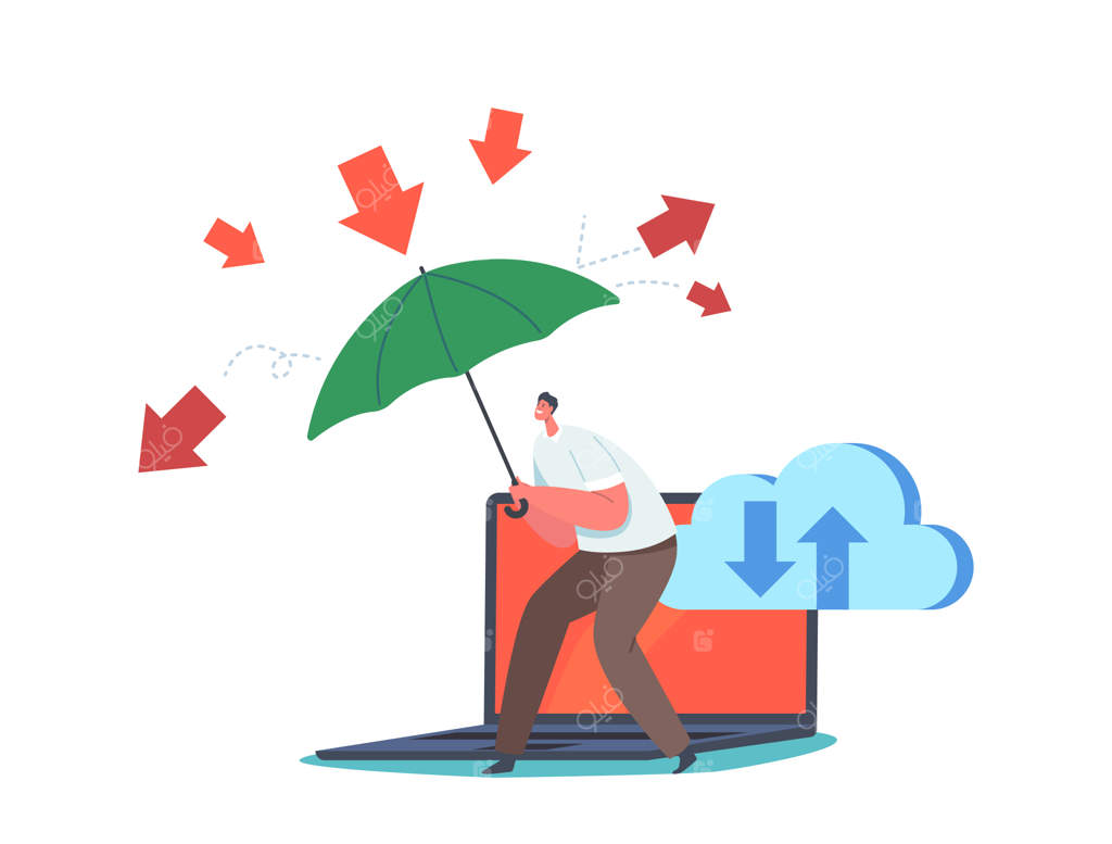 مفهوم حمله هکر و ایمنی فناوری دیجیتال: مردی با چتر از کامپیوتر در برابر ویروس یا حمله هکر محافظت می‌کند