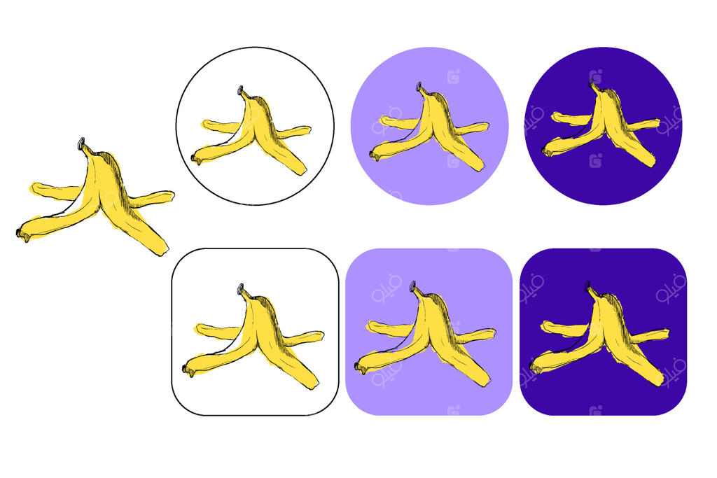 لوگوی تصویری پوست موز. جدا شده بر روی پس‌زمینه رنگی در قالب دایره و مربع. کود باغی، ضایعات طبیعی و زیست‌تخریب‌پذیر. پوست میوه لغزنده.