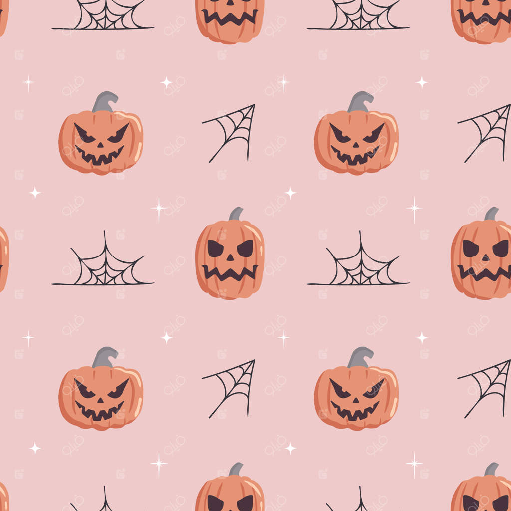 پترن یکپارچه با کدوتنبل، تار عنکبوت و ستاره‌های بامزه بر روی زمینه صورتی - سبک کارتونی و تخت، مناسب برای پارچه، کادوپیچی، پوشاک، کاغذدیواری و کارت‌های تبریک کودکانه