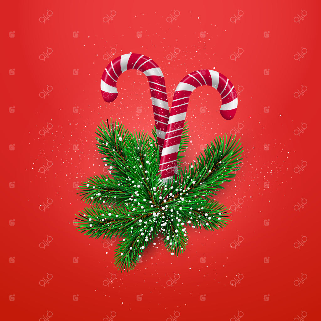 قالب کارت تبریک سال نو: آب‌نبات‌های کریسمس با شاخه‌های درخت سال نو.