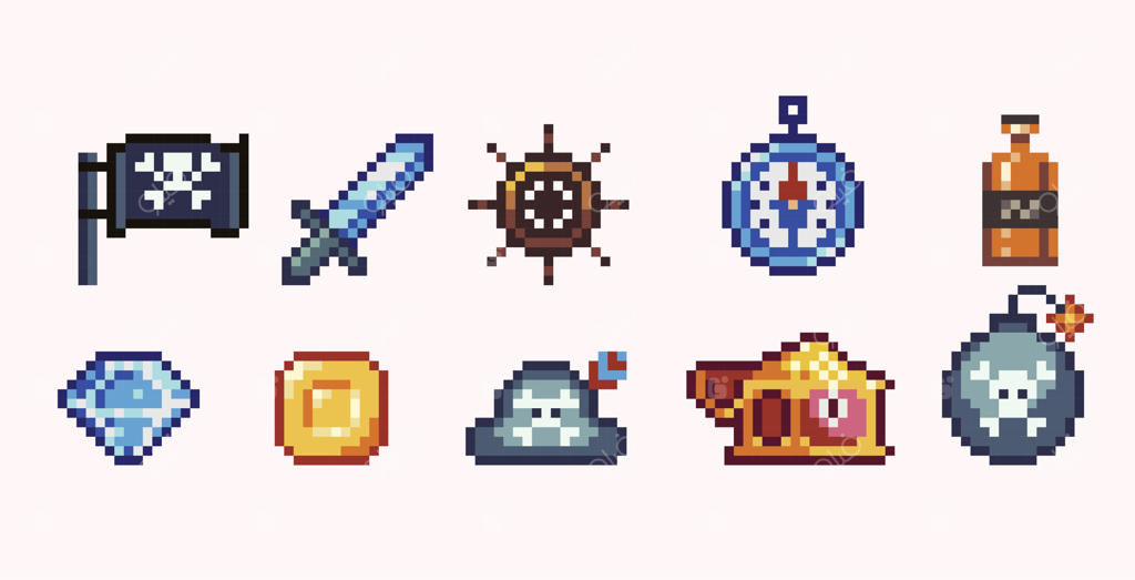 مجموعه هنر پیکسلی نمادهای دزدان دریایی: گنج، پرچم سیاه، رام، قطب‌نما، اسلحه و بمب. هنر 8 بیتی