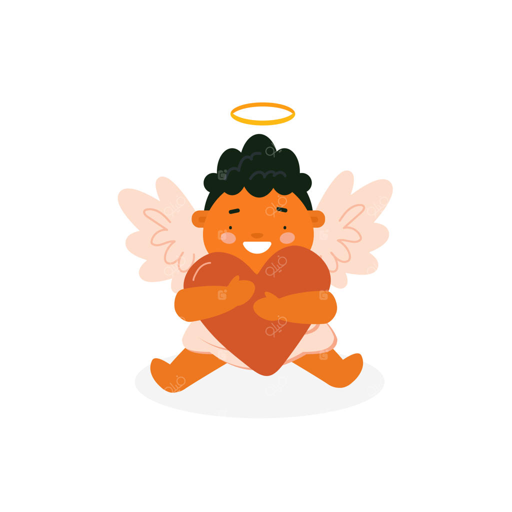 تصویرسازی وکتور فرشته کوچولو (کیوپید) بامزه که قلبی را در آغوش گرفته است؛ با پس‌زمینه سفید، مناسب برای طراحی کارت تبریک ولنتاین، چاپ و محصولات کودکان.