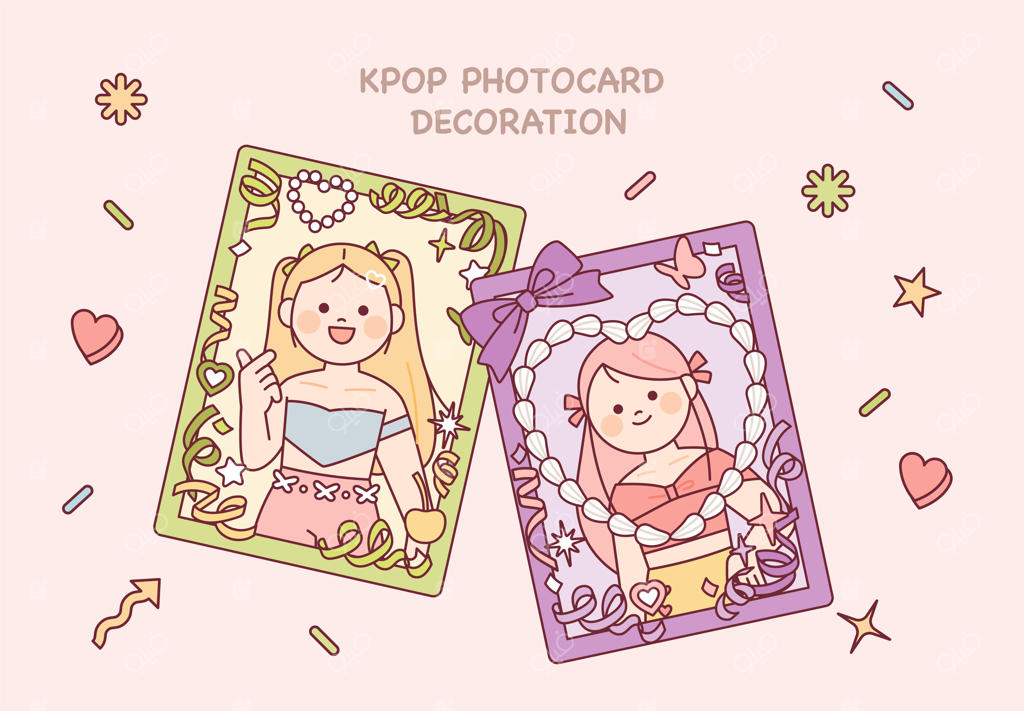 یک کارت عکس بانمک از یک آیدل درون قاب عکسی زیبا که با روبان‌ها و برچسب‌ها تزئین شده است.