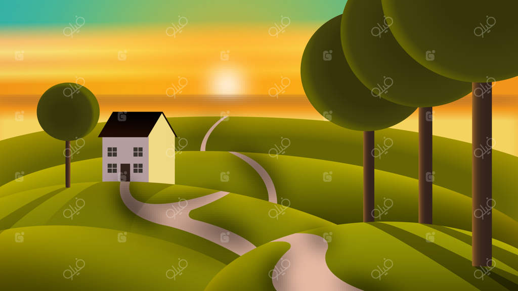 درختان و انبار روی تپه در پس‌زمینه غروب آفتاب