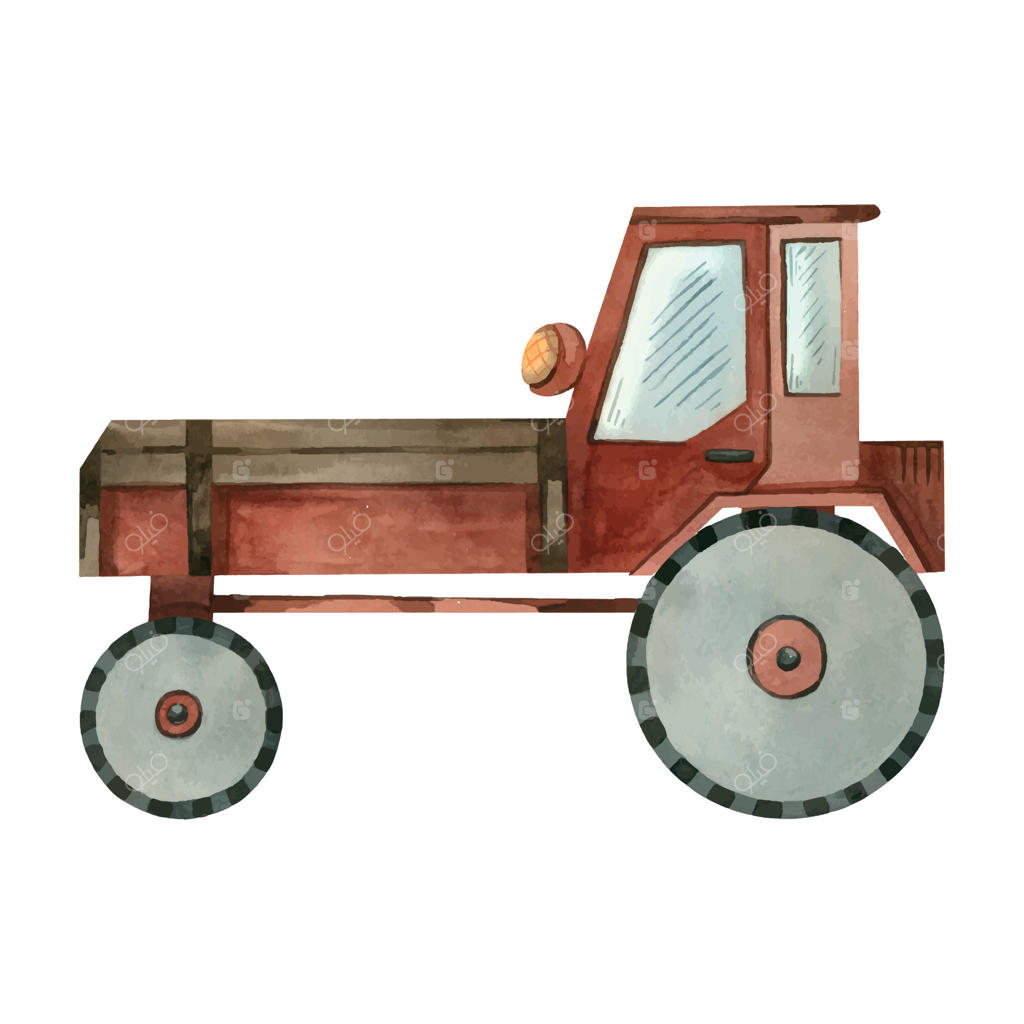 تراکتور باغی قرمز با چرخ‌های خاکستری و بدنه بزرگ، طراحی شده با آبرنگ روی زمینه سفید. تصویر آبرنگی. مناسب برای چاپ در کتاب‌های کودکان، کارهای هنری و اسکرپ‌بوکینگ.