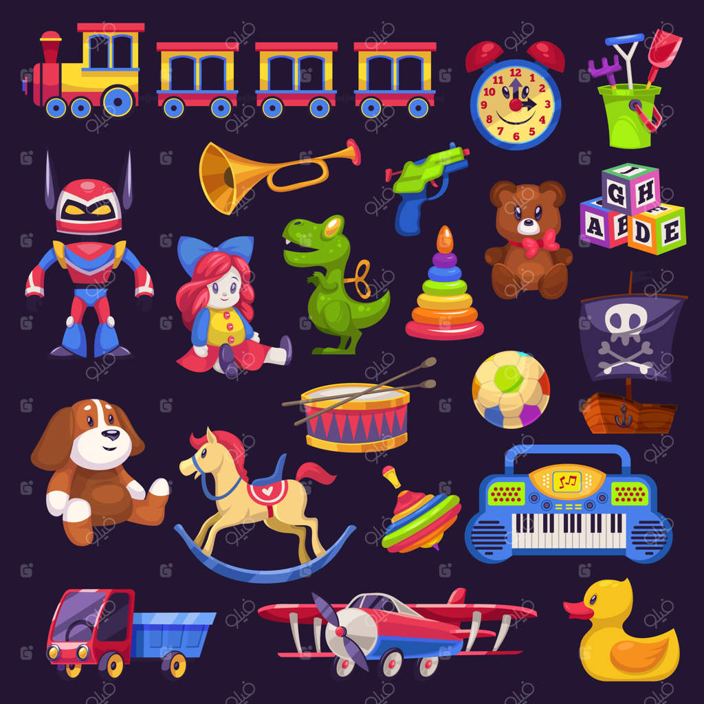 اسباب‌بازی‌های کودک: خرس و ماشین، هرم و قطار، هواپیما و کامیون. مجموعه اسباب‌بازی‌های رنگارنگ پارچه‌ای، چوبی یا پلاستیکی برای پسران و دختران، مناسب برای مهدکودک و بازی‌های خانگی