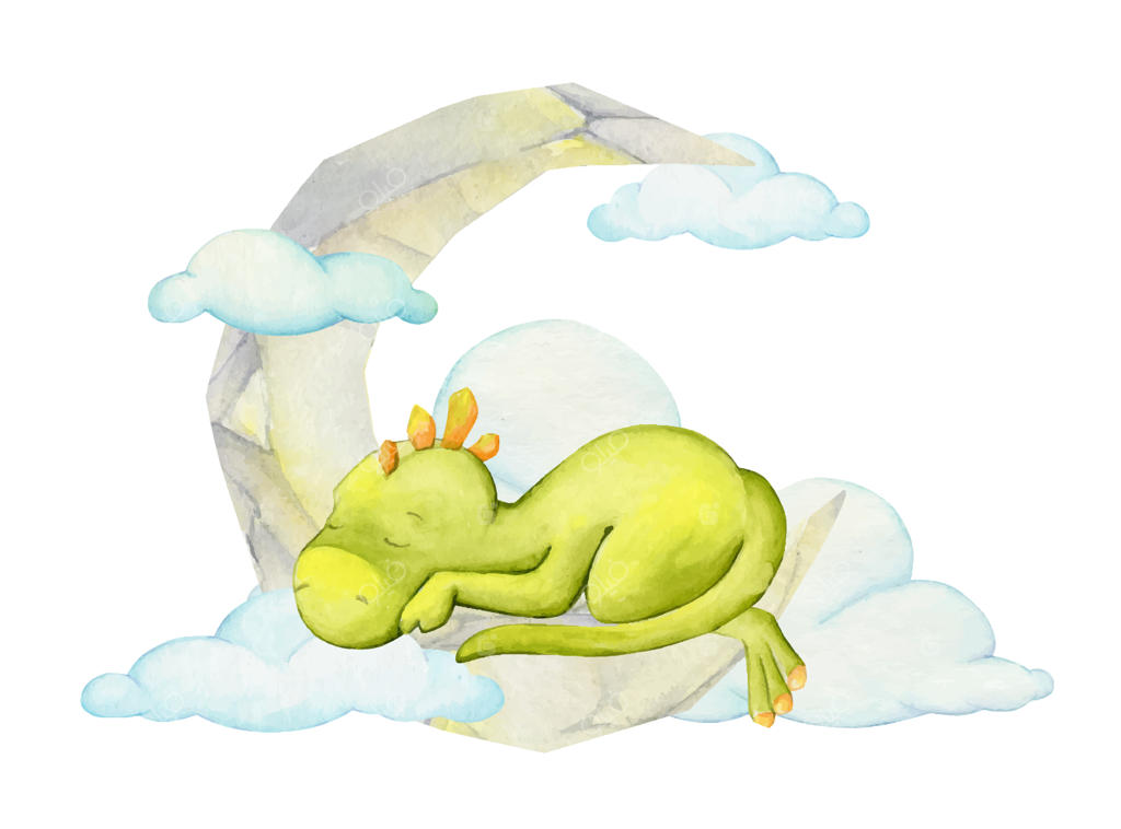 دایناسور بامزه‌ای که روی سنگی با بافت ماه خوابیده است - نقاشی آبرنگ در فایل جداگانه