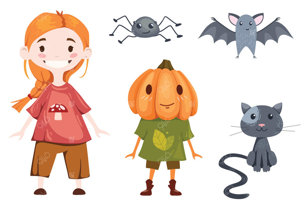 شخصیت‌های بامزه - مرد کدو تنبل پاییزی، دختر باغبان، گربه سیاه، خفاش و عنکبوت کوچولو. مجموعه تصویرسازی هالووین پاییزی - شخصیت‌ها و لباس‌های کودکان