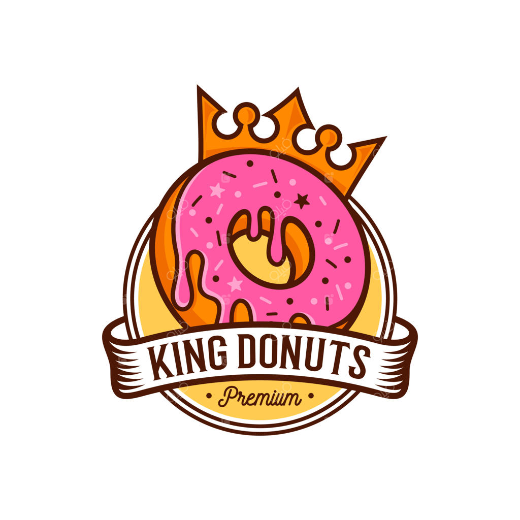 طراحی لوگو و آیکون دونات با تاج پادشاهی، تصویرسازی به سبک کارتونی خطی و مدرن