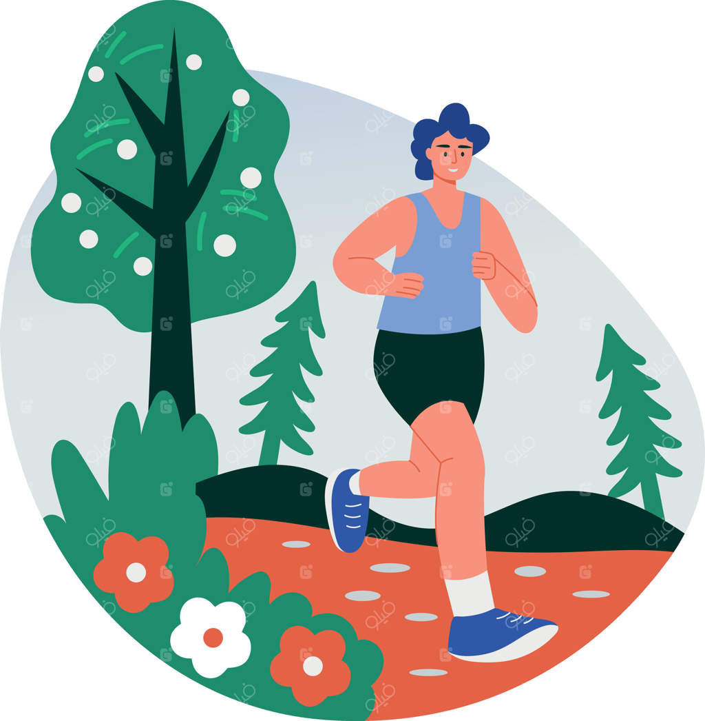 تصویر مسطح از شخصیت در حال دویدن صبحگاهی در باغ