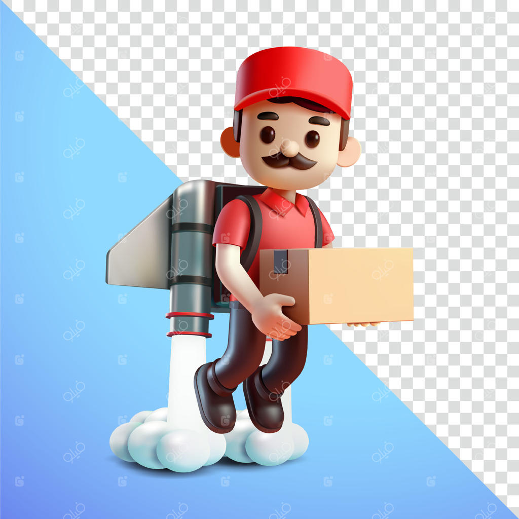 پیک در حال پرواز با جت‌پک و حمل جعبه مقوایی، به صورت سه‌بعدی. مناسب برای عناصر طراحی و کسب‌وکار