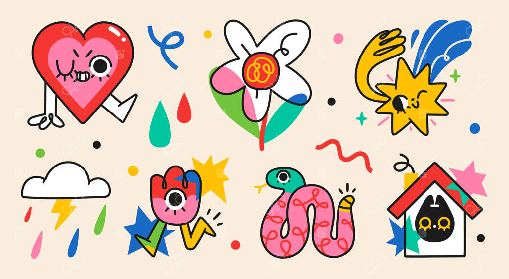 مجموعه‌ای از شخصیت‌ها و عناصر کمیک انتزاعی دیوانه با رنگ‌های زنده