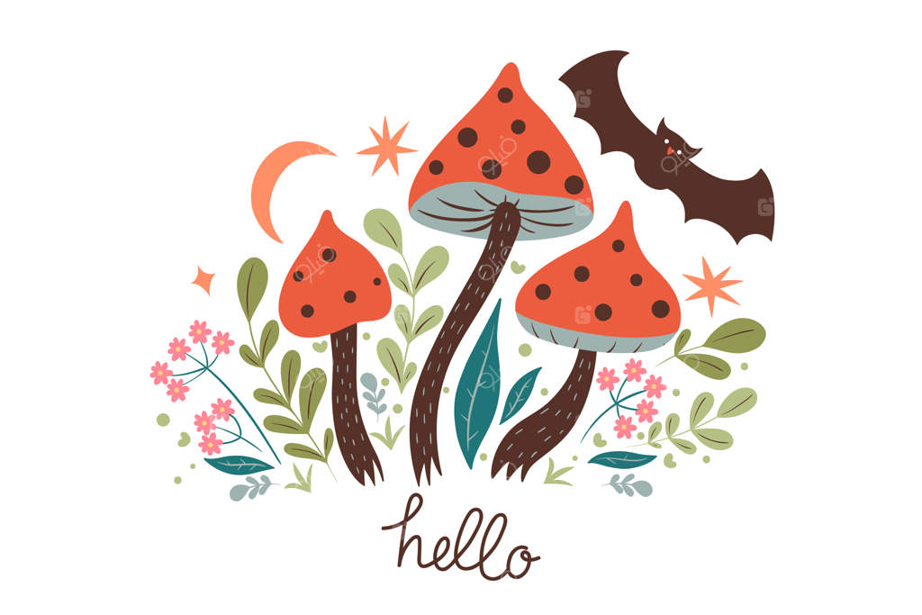 کارت سلام با قارچ های آمانیتا و خفاش