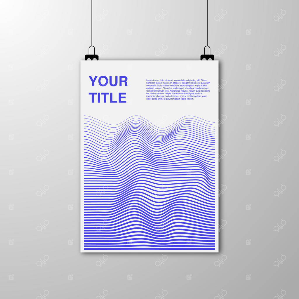 موکاپ پوستر آویزان روی دیوار با طرح انتزاعی بنفش