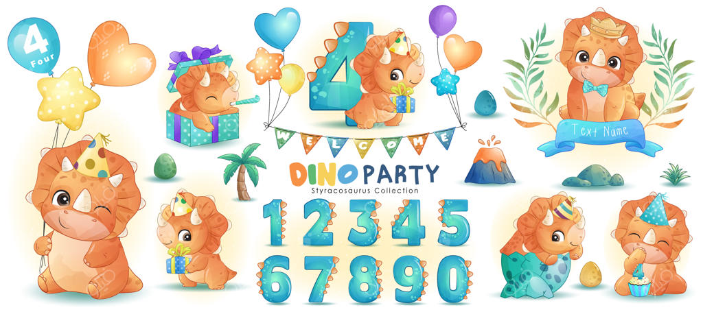 جشن تولد دایناسور کوچولو با تصویرسازی آبرنگی شماره‌گذاری شده