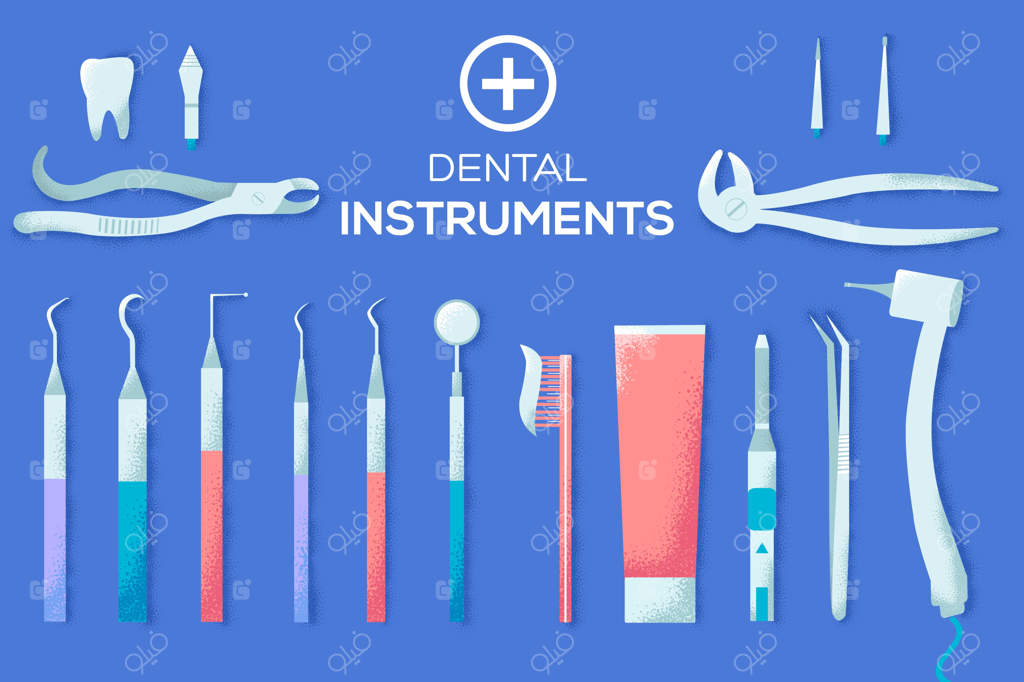 تصویرسازی ابزارهای دندانپزشکی به صورت تخت.