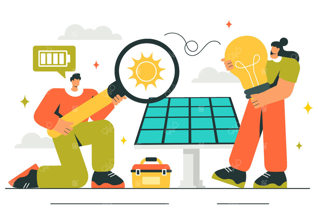 تصویرسازی از تیم خدمات خانگی در حال نصب پنل‌های خورشیدی برای انرژی پاک