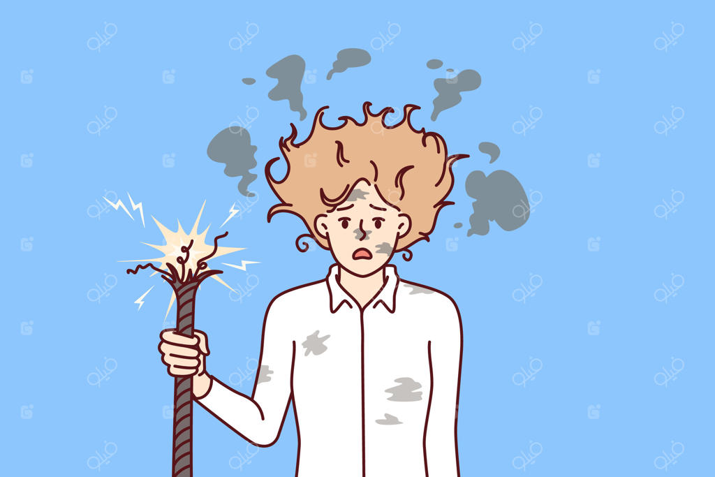 برق‌گرفتگی زن تاجر با سیم پاره، موهای ژولیده و صورت سیاه؛ مفهوم مشکلات ناشی از غیرحرفه‌ای بودن و اقدامات مخرب در کسب‌وکار