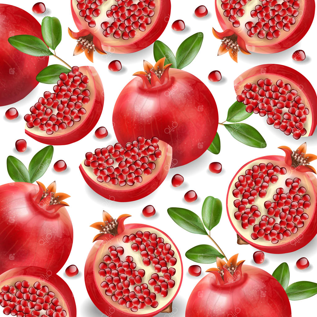 انار قرمز واقعی، میوه تازه و جداشده، پس‌زمینه سفید،