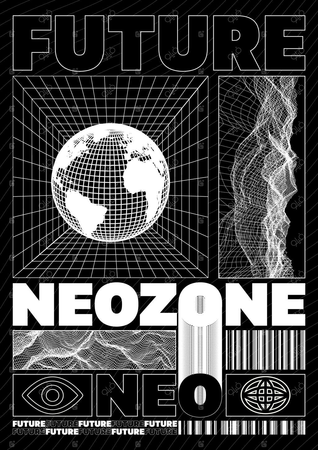 پوستر آینده انتزاعی به سبک تکنو با چاپ موج‌های سه‌بعدی برای تی‌شرت