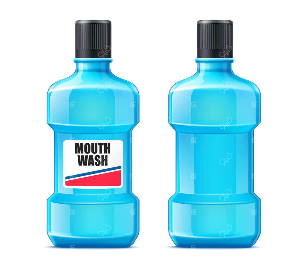 مایع دهانشویه واقعی در بطری پلاستیکی. مراقبت از دهان و دندان. محصول پاک‌کننده دندان.