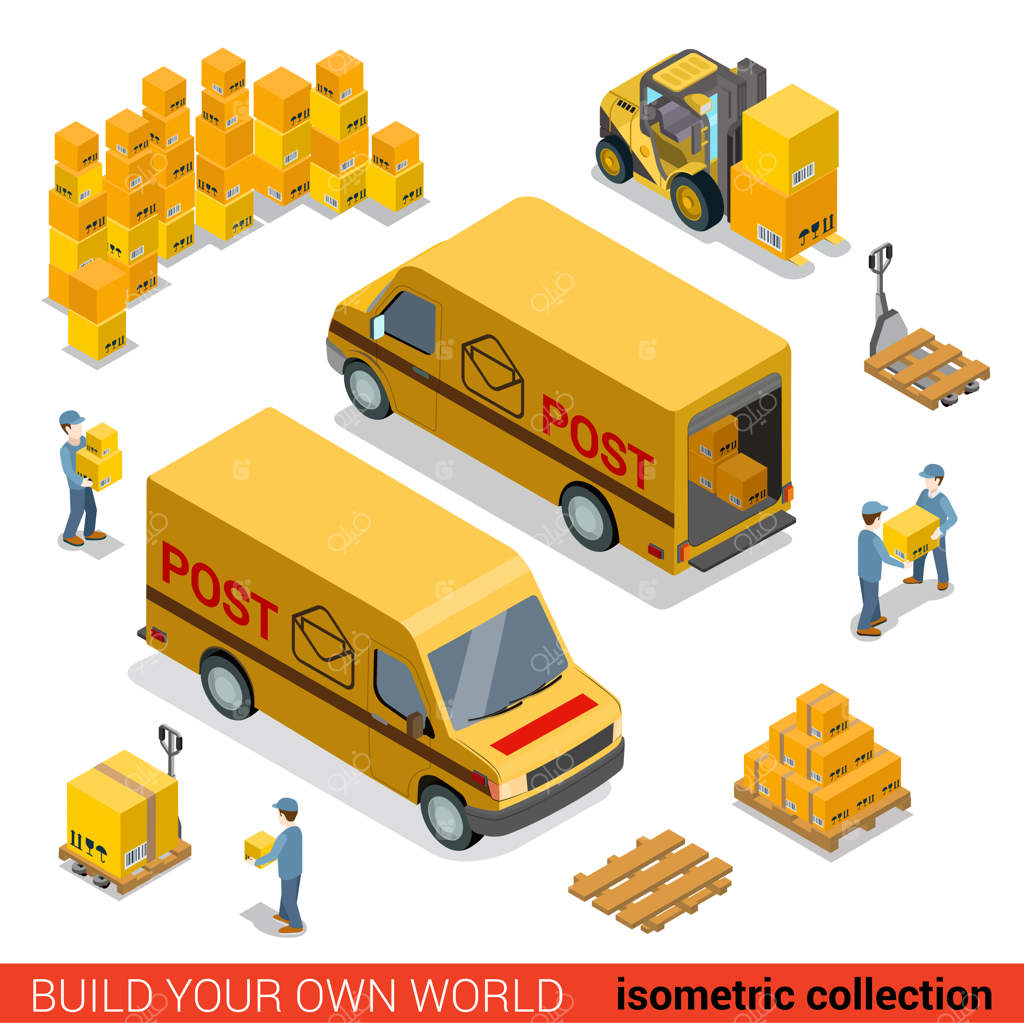 طرح ایزومتریک بارگیری ون تحویل انبار پستی توسط کارکنان